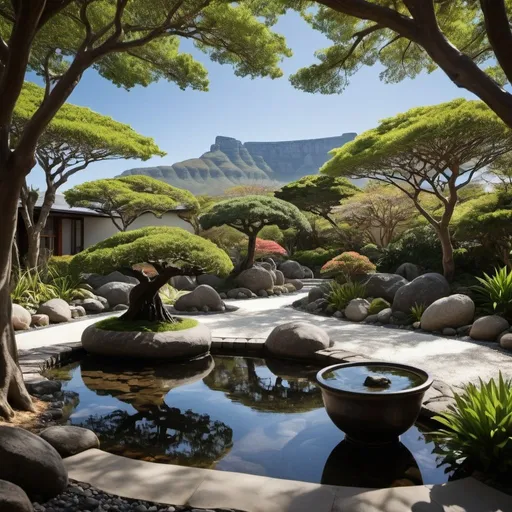 Prompt: Imagine stepping into a tranquil oasis where the meditative principles of a Japanese Zen garden seamlessly blend with the awe-inspiring beauty of Table Mountain in Cape Town. As you enter this serene space, the first thing that catches your eye is the meticulously raked gravel or sand in intricate patterns, symbolizing the ebb and flow of water. The rocks carefully placed throughout the garden mimic natural landscapes, inviting contemplation and reflection.

In the center of the garden, a koi pond sparkles in the sunlight, its crystal-clear waters home to vibrant koi fish gracefully meandering amongst water lilies and lotus flowers. The gentle sound of trickling water adds to the soothing ambiance, creating a sense of harmony and balance.

Scattered throughout the garden are ornamental bonsai trees, their twisted trunks and delicate foliage a testament to years of careful cultivation and pruning. Each bonsai tree tells a story of patience and artistry, embodying the essence of nature distilled into miniature form.

As you pause to admire the bonsai trees, your gaze is drawn beyond the garden to the majestic presence of Table Mountain looming in the distance. The mountain's iconic flat-topped silhouette dominates the horizon, its rugged cliffs and verdant slopes a stark contrast to the tranquility of the Zen garden below.

The juxtaposition of the meticulously curated Japanese elements with the wild grandeur of Table Mountain creates a striking visual contrast, inviting you to contemplate the interconnectedness of nature and culture. In this harmonious fusion of East and West, tradition and modernity, you find a moment of peace and serenity amidst the beauty of Cape Town's natural landscape.