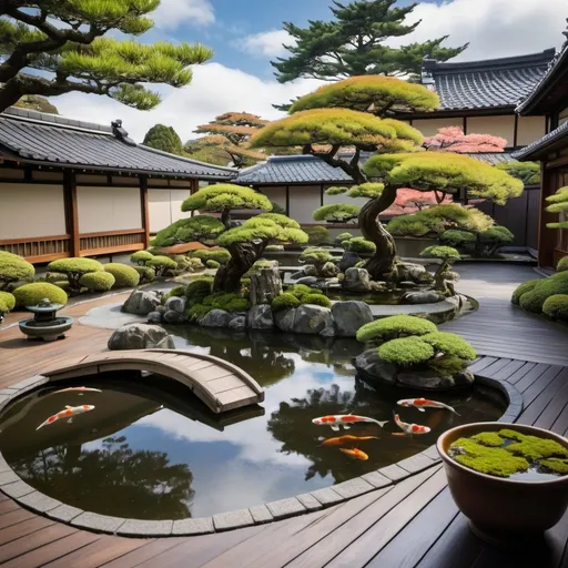 Prompt: formal japanese garden with Bonsai and cloud trees surrounding a long kidney shaped pond filled with Koi.
the garden has strategically placed large slate pillars 
the pond is surrounded by wooden decking and the house with shoji screens surrounds the deck 
looking from the house across the pond you can see the back of Table mountain in the distance 