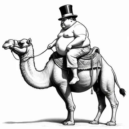 Prompt: Draw a black and white cartoon in the style of a pencil sketch. This image should be a man standing on camel which has a top hat on. The man should be fat man with no top on. The camel should be struggling to stay standing up. Its eyes should be large.