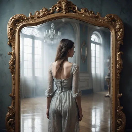 Prompt: A woman standing in front of a large, ornate mirror, looking at her reflection. The mirror is slightly fogged, symbolizing her inner confusion. Around her, faint images of past relationships appear, blending into the background. The scene should evoke a sense of deep self-reflection and discovery.