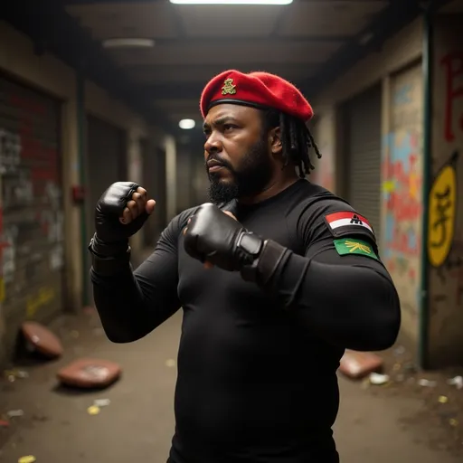 Prompt: @Ohg2ABJWT841psRDnr0o is stand in a fighting position with his left foot in front, his two fist in front of him, with black gloves on