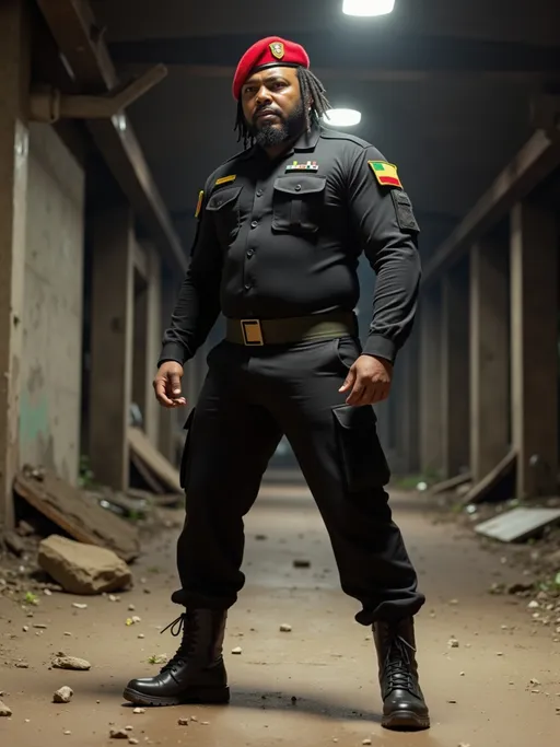 Prompt: @Ohg2ABJWT841psRDnr0o  dress in all black with Military cargo uniform, red beret, black boots and green  military belt standing in a fighting position 