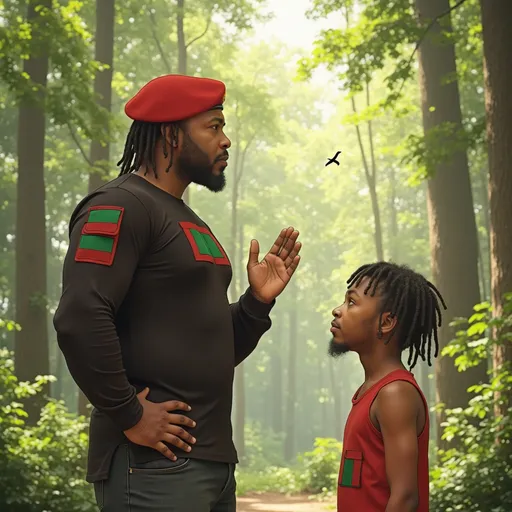 Prompt: @Ohg2ABJWT841psRDnr0o is strong and muscler anime  look as he standing the sun  on a wooded area talking to a young African boy teenager