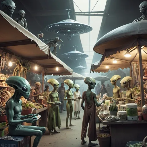 Prompt: alien bazaar with multiple different species of aliens buying and selling things