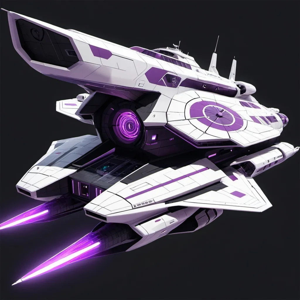 Prompt: generational ship. color palette is white and purple. the ship will have a turrets and comms 