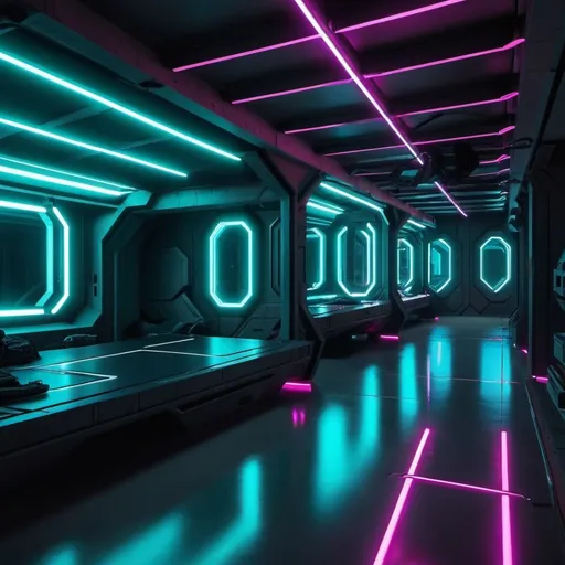 Prompt: futuristic military barracks with neon