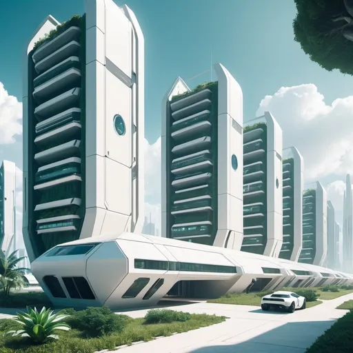 Prompt: futuristic military barracks exterior. background is a futuristic city with a lot of plantation. color palette is white