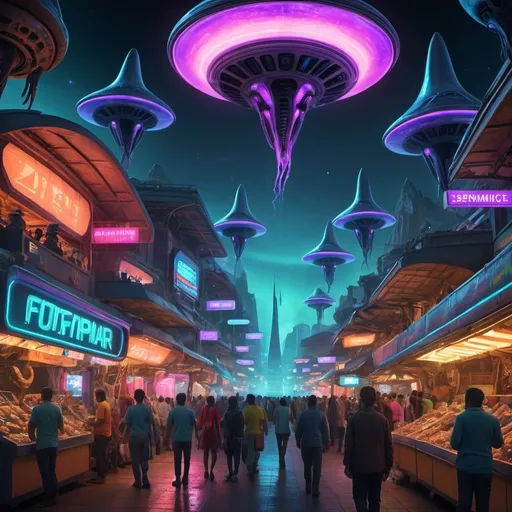 Prompt: alien bazaar with multiple different species of aliens buying and selling electronics