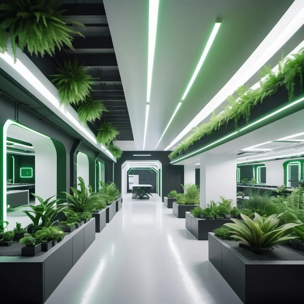 Prompt: futuristic open concept military barracks commons with subtle neon lighting and alien green plants. color palette is white. 