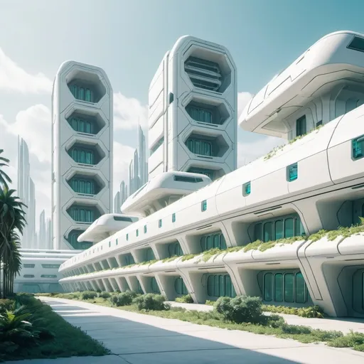 Prompt: futuristic military barracks exterior. background is a futuristic city with a lot of plantation. color palette is white