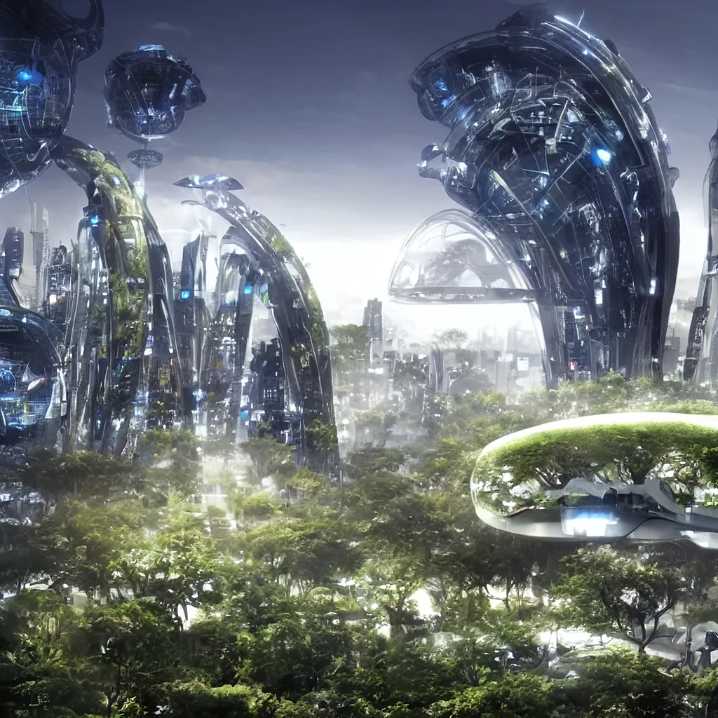 Prompt: a futuristic city that combines tech and nature