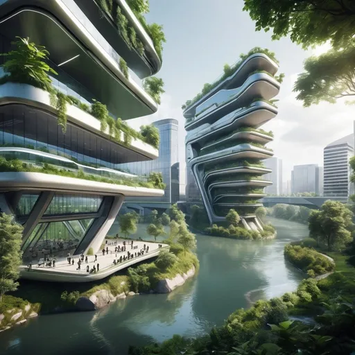 Prompt: a futuristic office area from a city with a lot of nature, a river is next to the building
