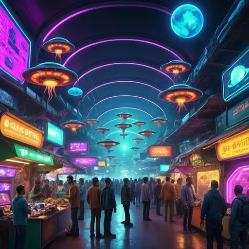 Prompt: alien bazaar with multiple different species of aliens buying and selling electronics