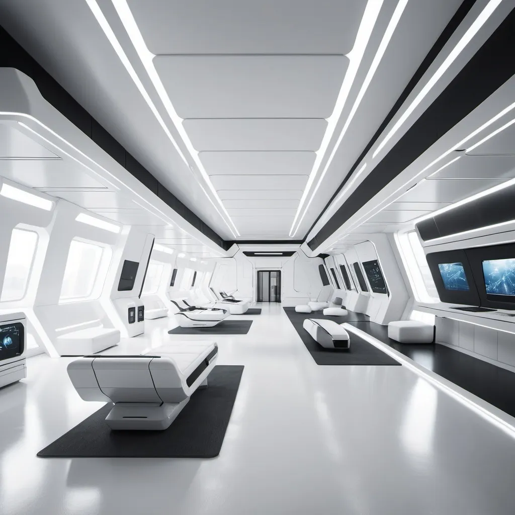 Prompt: futuristic military barracks interior. color palette is white