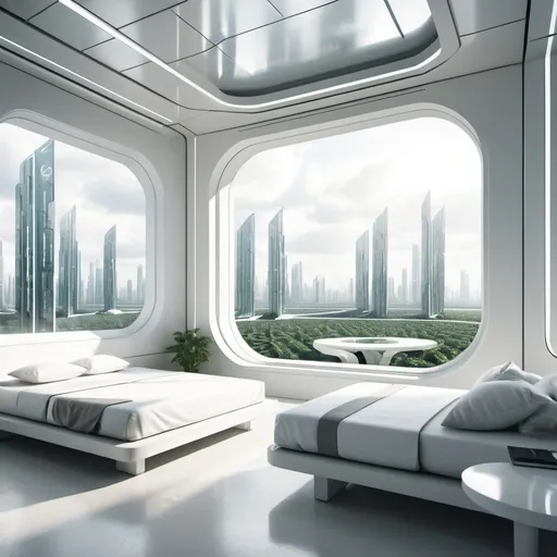 Prompt: futuristic military barracks interior. out the window is a futuristic city with a lot of plantation. color palette is white