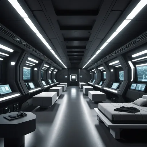 Prompt: futuristic military barracks interior. color palette is monochromatic