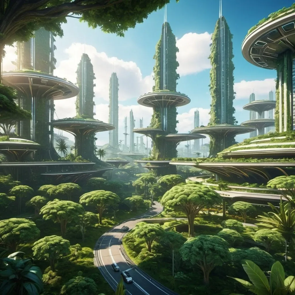Prompt: Sci-fi city that has lots of nature and plantation
