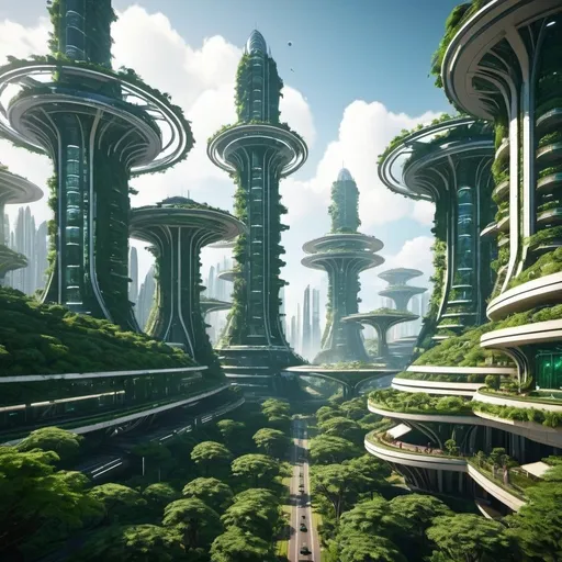 Prompt: Sci-fi city that has lots of nature and plantation
