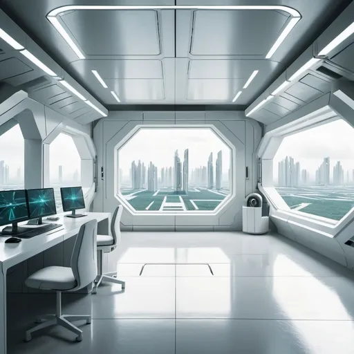 Prompt: futuristic military barracks interior. out the window is a futuristic city with a lot of plantation. color palette is white