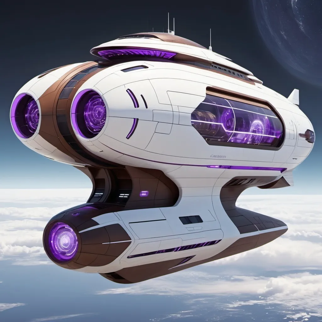 Prompt: futuristic generational ship. color palette is white and purple and brown