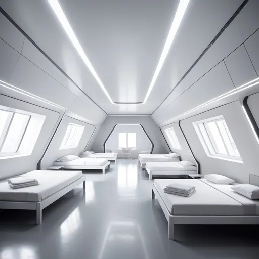 Prompt: futuristic military dormitory with subtle neon lighting and natural light. color palette is white.