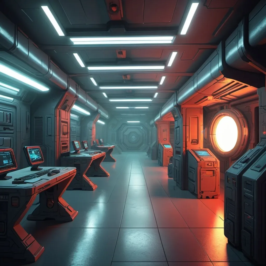 Prompt: scifi military barracks interior. bright color palette