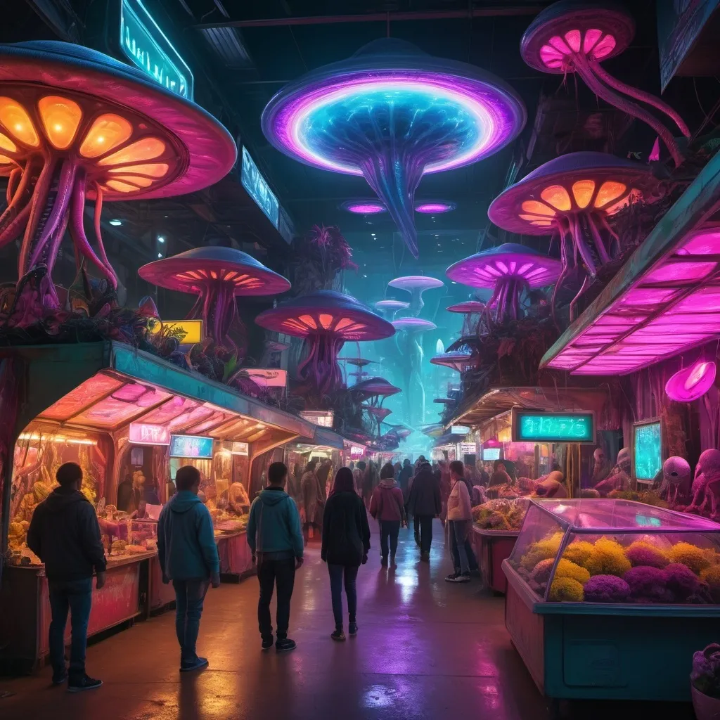 Prompt: alien bazaar with multiple different species of aliens buying and selling things