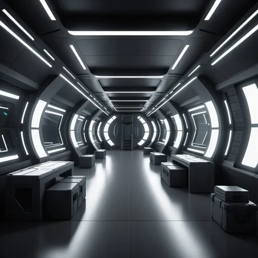 Prompt: futuristic military barracks interior. color palette is monochromatic