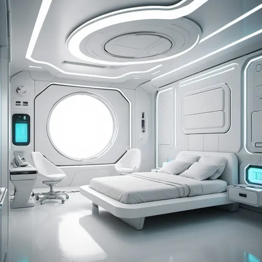 Prompt: a sterile futuristic bedroom. color palette is white