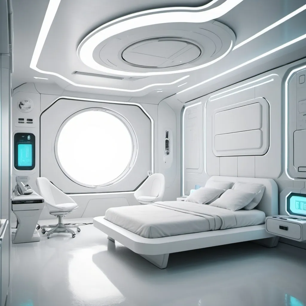 Prompt: a sterile futuristic bedroom. color palette is white