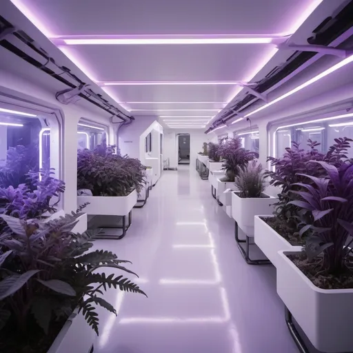 Prompt: futuristic open concept military dormitory with subtle neon lighting and alien purple plants. color palette is white. 