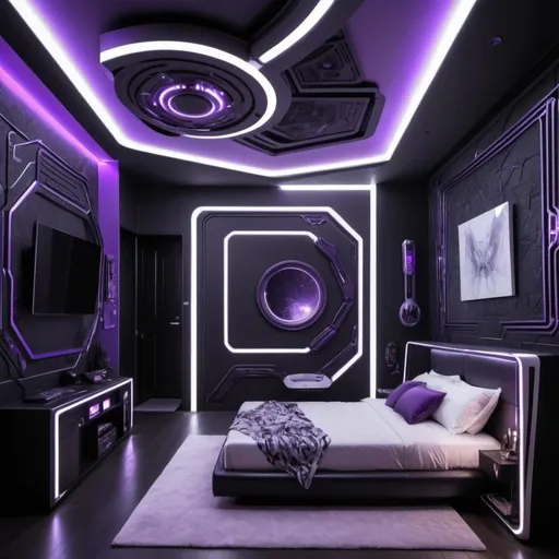 Prompt: futuristic scifi bed room, color palette is white and purple and black, neon lights in the walls, lots of details in the walls 