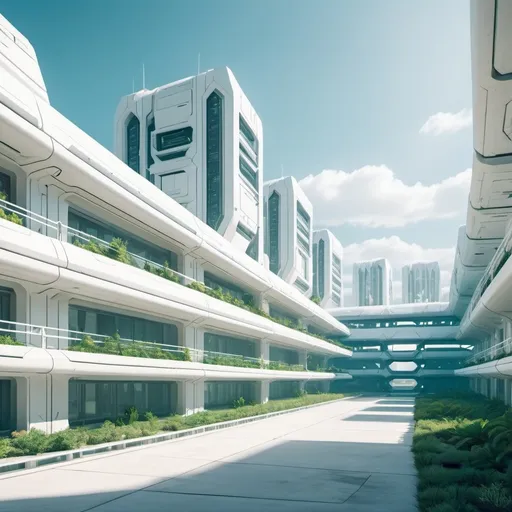 Prompt: futuristic military barracks exterior. background is a futuristic city with a lot of plantation. color palette is white