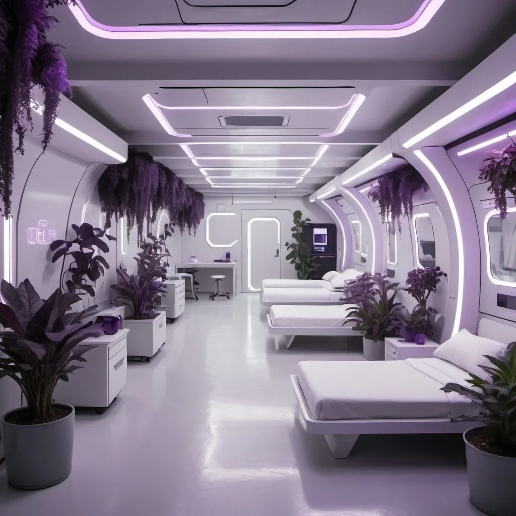 Prompt: futuristic open concept military dormitory with subtle neon lighting and alien purple plants. color palette is white. 