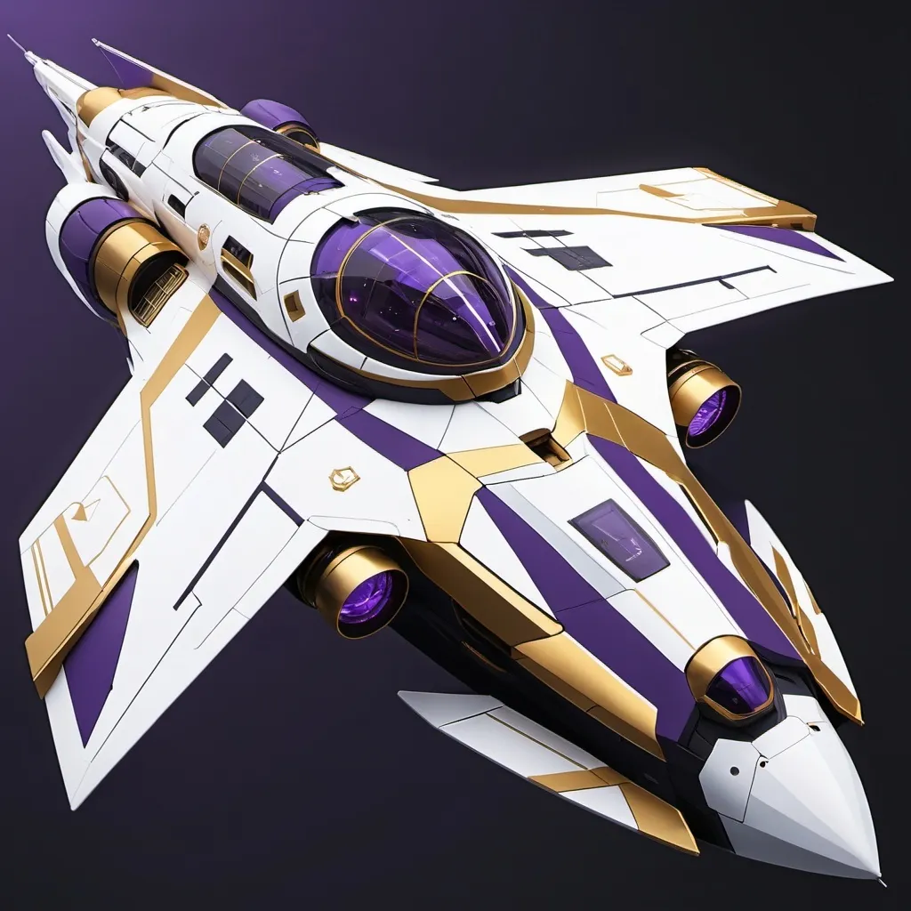 Prompt: generational ship. color palette is white and purple and gold. the ship will have a turrets and comms 