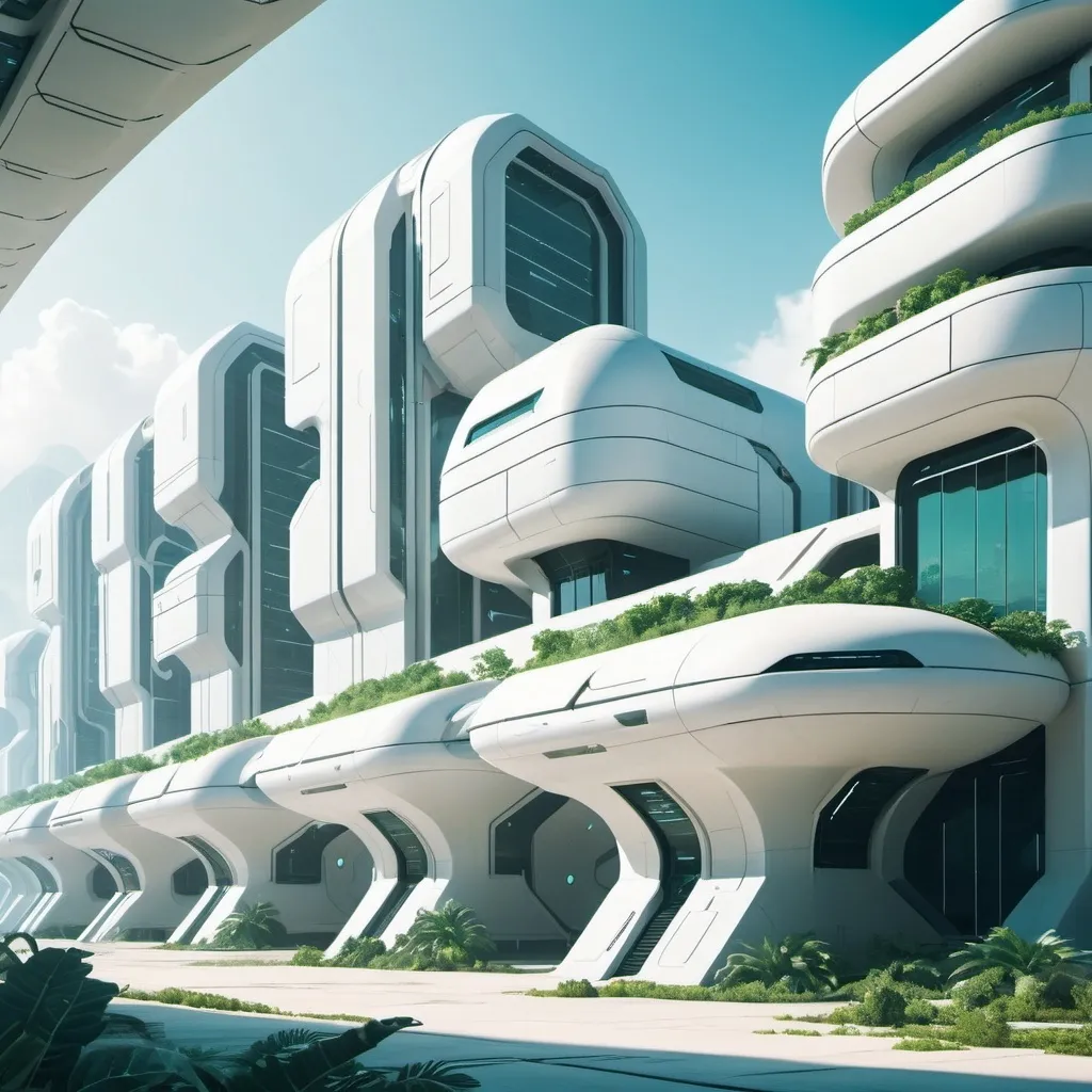 Prompt: futuristic military barracks exterior. background is a futuristic city with a lot of plantation. color palette is white