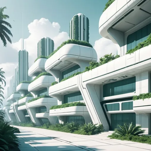 Prompt: futuristic military barracks exterior. background is a futuristic city with a lot of plantation. color palette is white