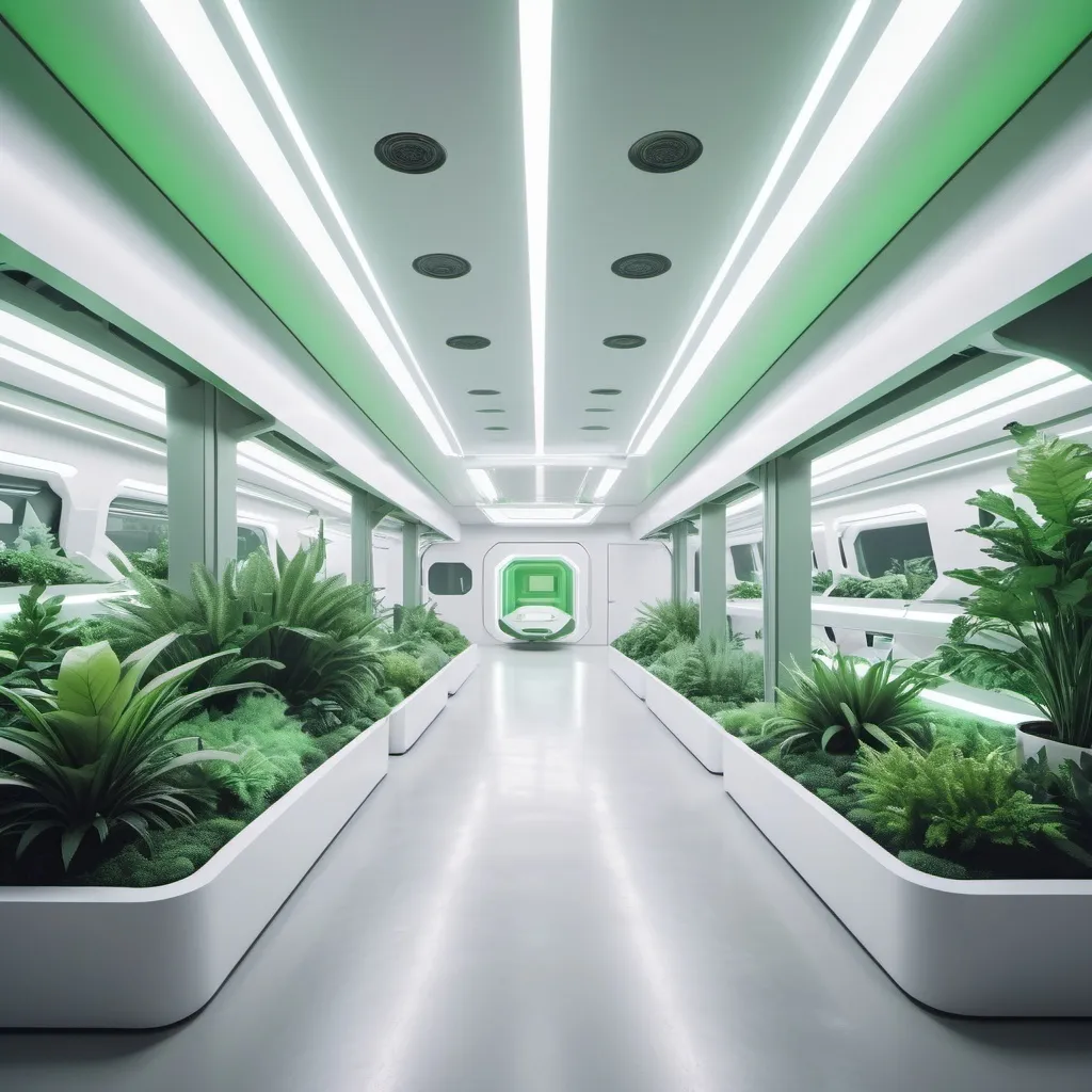 Prompt: futuristic open concept military barracks commons with subtle neon lighting and alien green plants. color palette is white. 