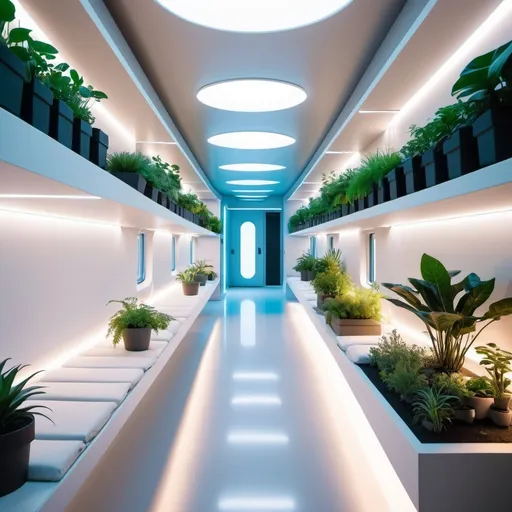 Prompt: futuristic military dormitory with subtle neon lighting and plants. color palette is white.