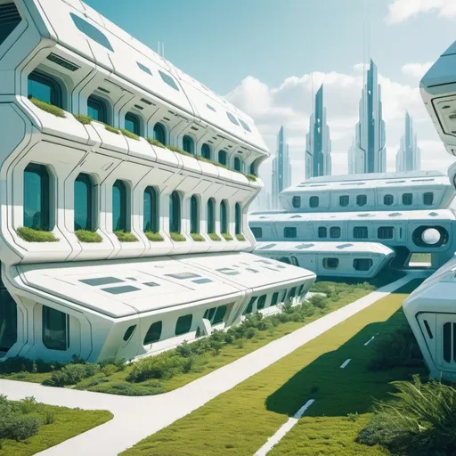 Prompt: futuristic military barracks exterior. background is a futuristic city with a lot of plantation. color palette is white