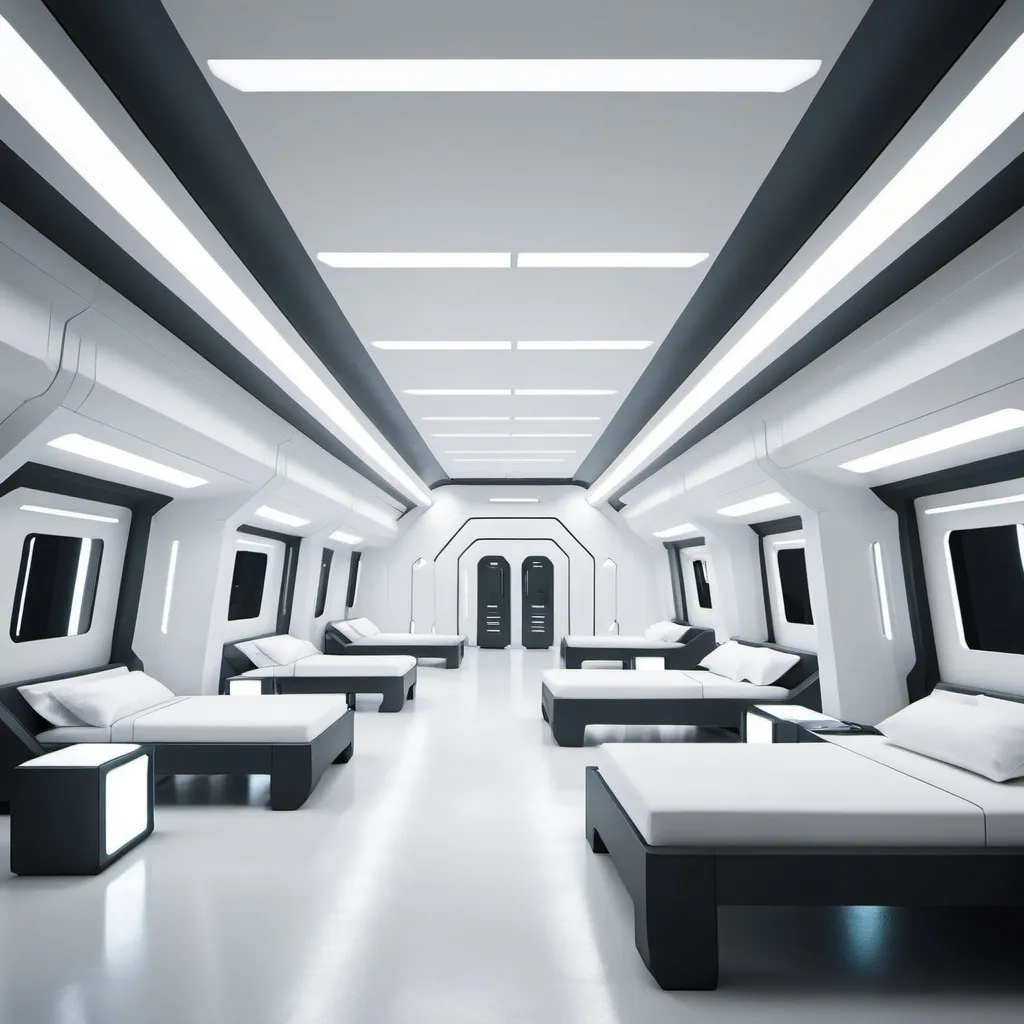 Prompt: futuristic military barracks interior. color palette is white