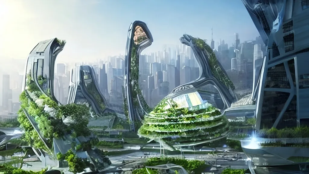 Prompt: a futuristic city that combines tech and nature