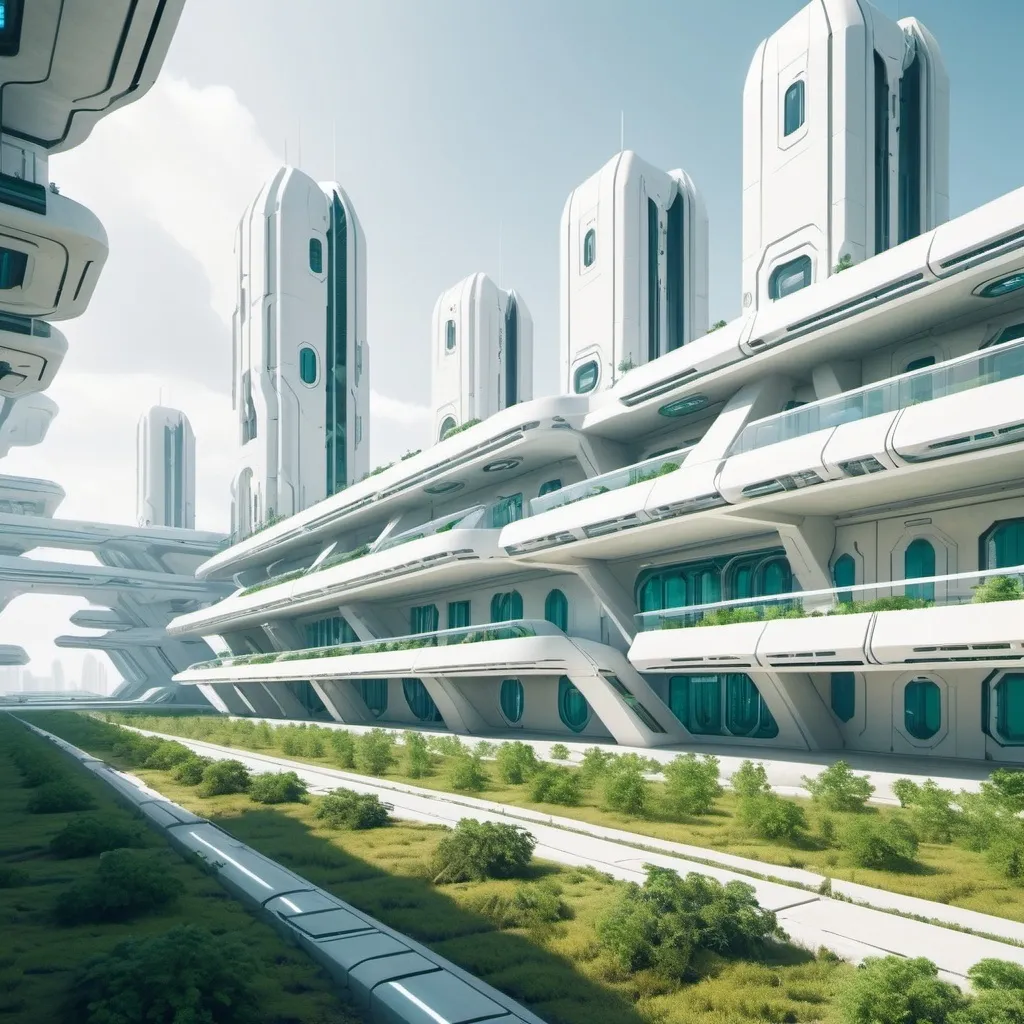 Prompt: futuristic military barracks exterior. background is a futuristic city with a lot of plantation. color palette is white