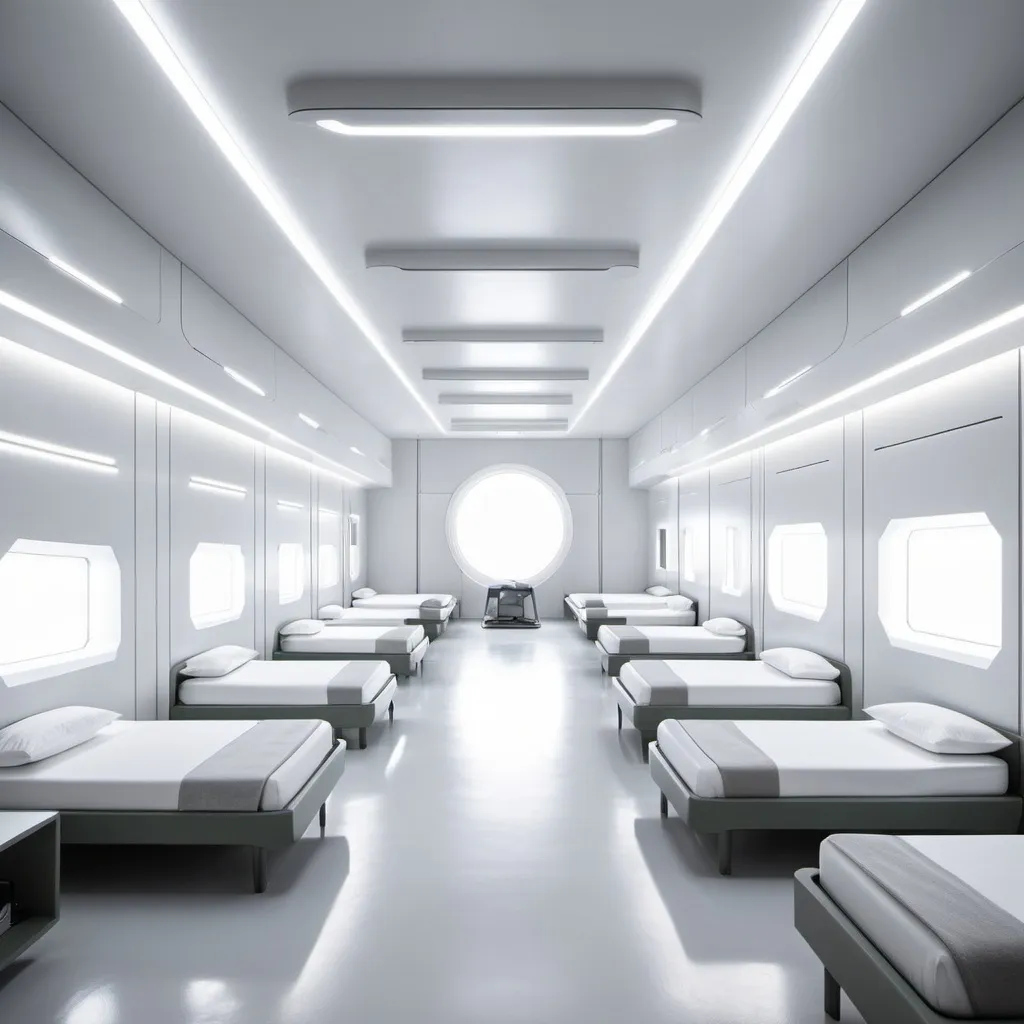 Prompt: futuristic military dormitory with subtle neon lighting and natural light. color palette is white.