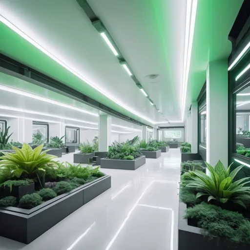 Prompt: futuristic open concept military barracks commons with subtle neon lighting and alien green plants. color palette is white. 