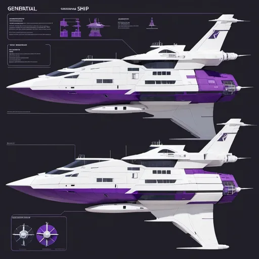 Prompt: generational ship. color palette is white and purple. the ship will have a turrets and comms 