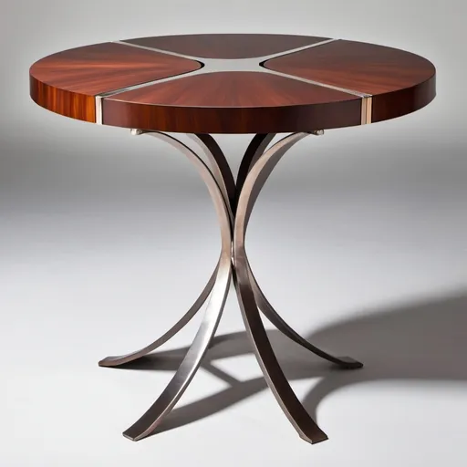 Prompt: full image of mahogany and metal futuristic table