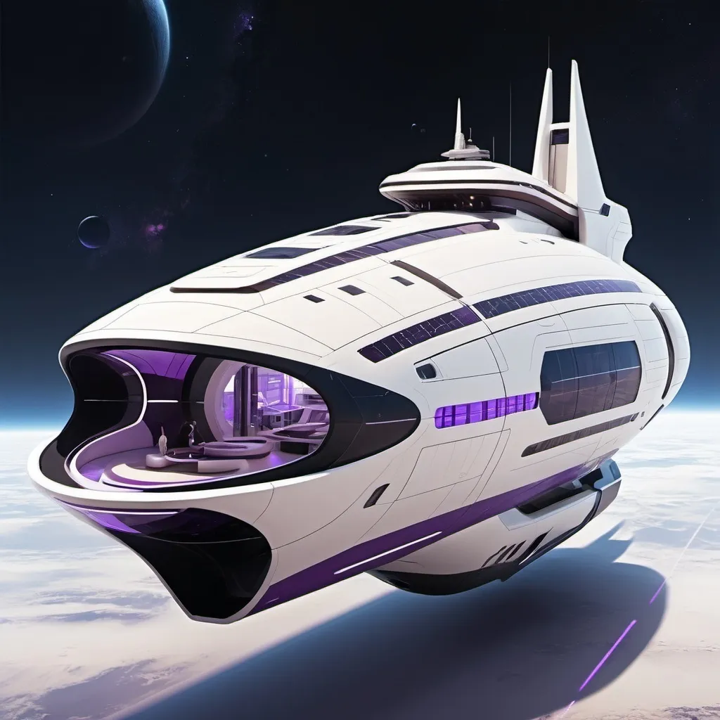 Prompt: futuristic generational ship. color palette is white and purple and taupe