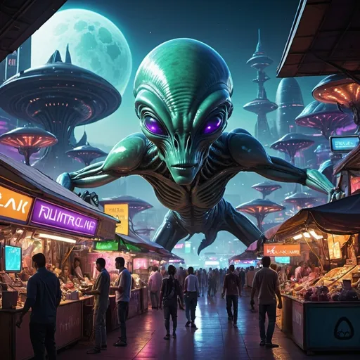 Prompt: alien bazaar with multiple different species of aliens buying and selling electronics