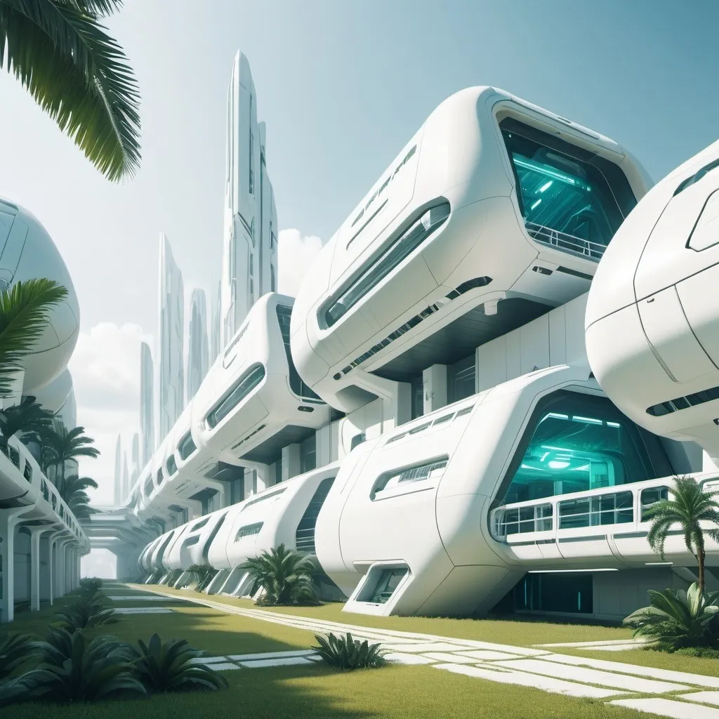 Prompt: futuristic military barracks exterior. background is a futuristic city with a lot of plantation. color palette is white